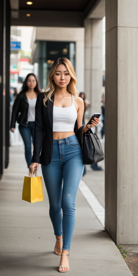 Beautiful blonde hair half Filipina half white young woman realistic walking out in public catching attention of others