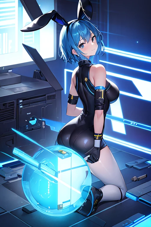 1girl, blue hair, very short hair, large breasts, breasts, sitting, ass, from behind, bikini, black bikini, neon trim, blue trim, science-fiction, futuristic, machinery, tech, ((from behind))