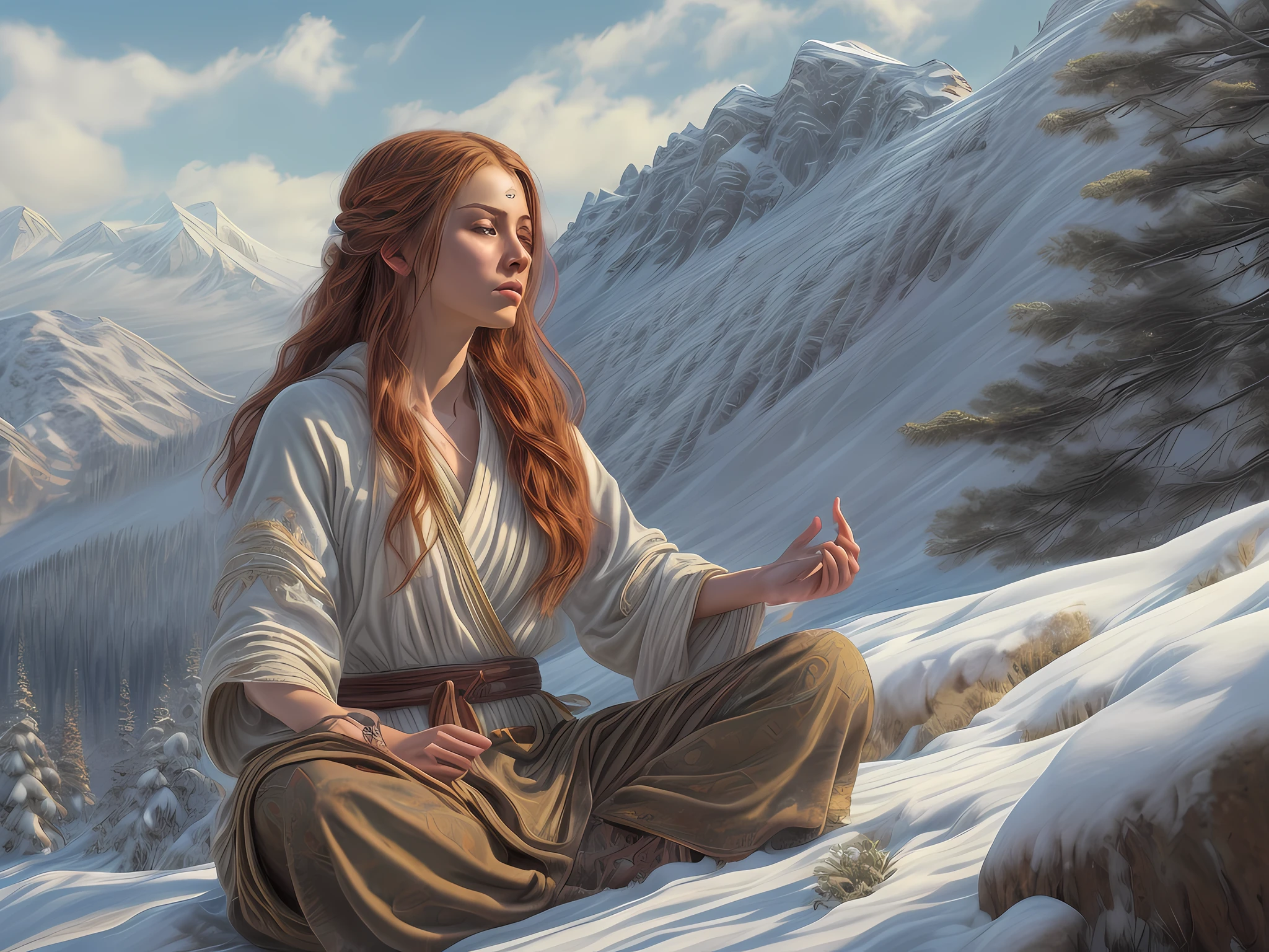 fantasy art, photorealistic, D&D art, larry elmore style, a picture of a female monk sitting cross-legged and meditating on a snowy mountain, on top of a snowy mountain there is a human woman monk wearing monk garbs, meditating near a bonfire (best details, Masterpiece, best quality :1.5) in a snowy forest (best details, Masterpiece, best quality :1.5), red hair, long hair, full body (best details, Masterpiece, best quality :1.5), ultra detailed face (best details, Masterpiece, best quality :1.5), ultra feminine (best details, Masterpiece, best quality :1.5), exquisite beautiful (best details, Masterpiece, best quality :1.5) red hair, long hair, braided hair, pale skin, blue eyes, intense eyes, ultra best realistic, best details, best quality, 16k, [ultra detailed], masterpiece, best quality, (extremely detailed), ultra wide shot, photorealism, depth of field, hyper realistic painting, 3D rendering, gl0w1ngR