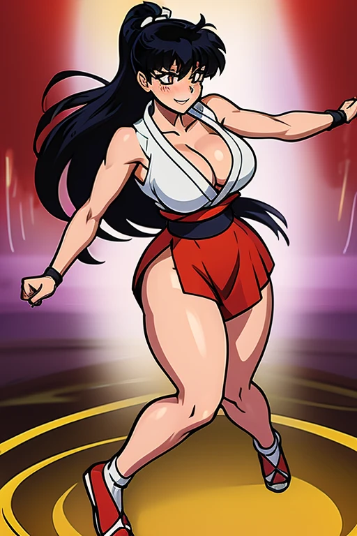 Kagome Higurashi, mai shiranui from the king of fighters, 1girl, solo, beautiful detailed eyes, ultradetailed eyes, extremely detailed face, perfect lighting, long black hair, golden eyes, 25yo, Japanese mature female, wearing a red short kimono, cleavage, matured face, blushing, joyful expression, big breast, big hips, full body view, athletic body, (Curvy:1.35), dynamic pose, fighting stance, defensive pose, ((Master piece)), best quality,