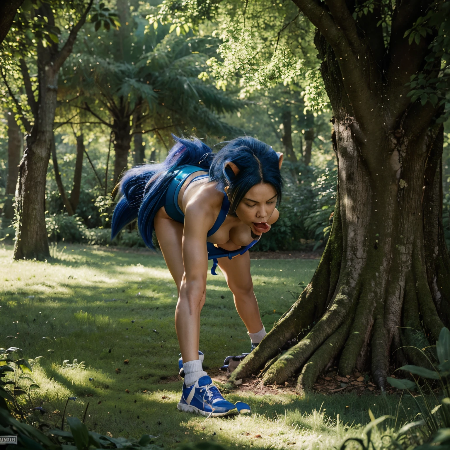 Generate 4K Hd image With Sonic The Hedgehog bending down sucking a dick from a large tree in a forest setting full of grass and bushes
