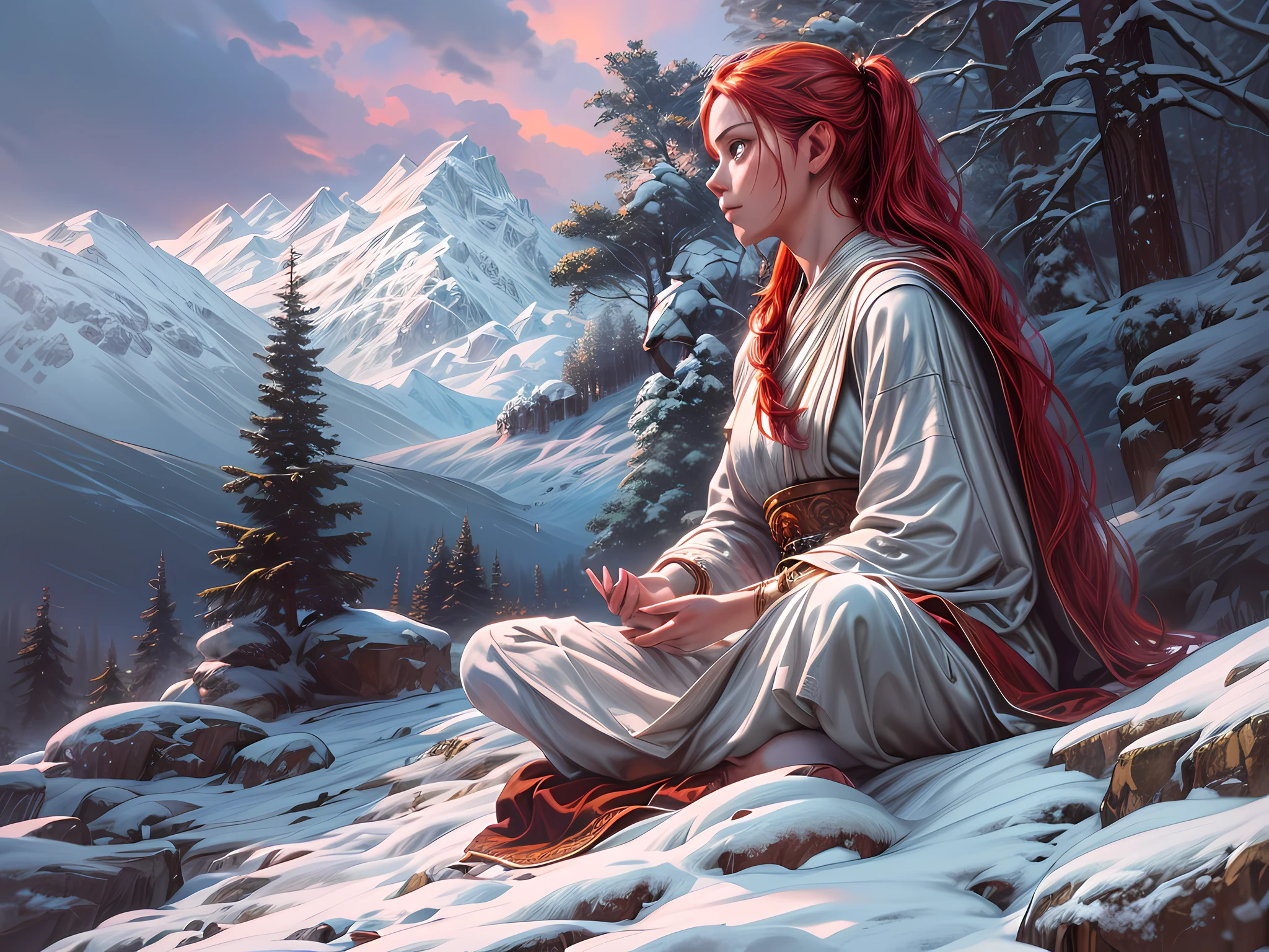 fantasy art, photorealistic, D&D art, larry elmore style, a picture of a female monk sitting cross-legged and meditating on a snowy mountain, on top of a snowy mountain there is a human woman monk wearing monk garbs, meditating near a bonfire (best details, Masterpiece, best quality :1.5) in a snowy forest (best details, Masterpiece, best quality :1.5), red hair, long hair, full body (best details, Masterpiece, best quality :1.5), ultra detailed face (best details, Masterpiece, best quality :1.5), ultra feminine (best details, Masterpiece, best quality :1.5), exquisite beautiful (best details, Masterpiece, best quality :1.5) red hair, long hair, braided hair, pale skin, blue eyes, intense eyes, ultra best realistic, best details, best quality, 16k, [ultra detailed], masterpiece, best quality, (extremely detailed), ultra wide shot, photorealism, depth of field, hyper realistic painting, 3D rendering, gl0w1ngR