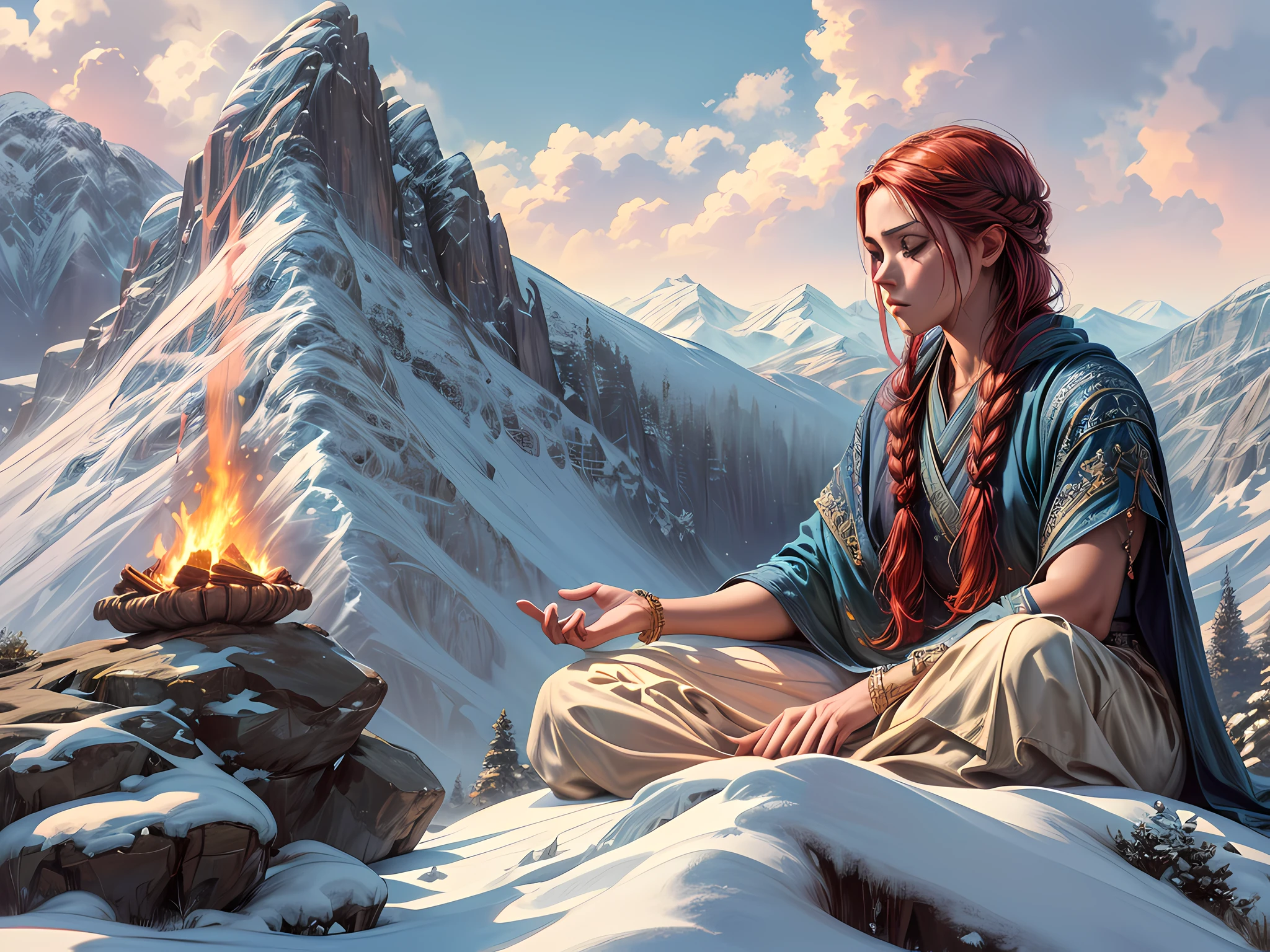 fantasy art, photorealistic, D&D art, larry elmore style, a picture of a female monk sitting cross-legged and meditating on a snowy mountain, on top of a snowy mountain there is a human woman monk wearing monk garbs, meditating near a bonfire (best details, Masterpiece, best quality :1.5) in a snowy forest (best details, Masterpiece, best quality :1.5), red hair, long hair, full body (best details, Masterpiece, best quality :1.5), ultra detailed face (best details, Masterpiece, best quality :1.5), ultra feminine (best details, Masterpiece, best quality :1.5), exquisite beautiful (best details, Masterpiece, best quality :1.5) red hair, long hair, braided hair, pale skin, blue eyes, intense eyes, ultra best realistic, best details, best quality, 16k, [ultra detailed], masterpiece, best quality, (extremely detailed), ultra wide shot, photorealism, depth of field, hyper realistic painting, 3D rendering, gl0w1ngR