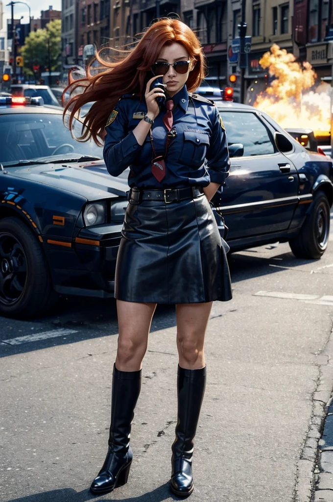 Masterpiece, Image/ Year 1975, Beautiful Red haired Female New York City Police woman, Black Leather Skirt, Blue NYPD shirt, standing in busy Street gun in hand, Long Hair blowing in the wind, Giant Tabby Cat Crushes Police Cars, Fires, explosions, in background