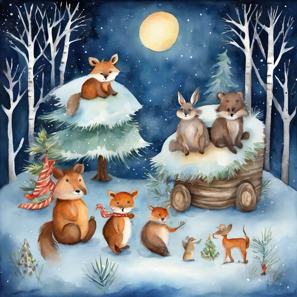 cute animals christmas , Friendly atmosphere, forest at night