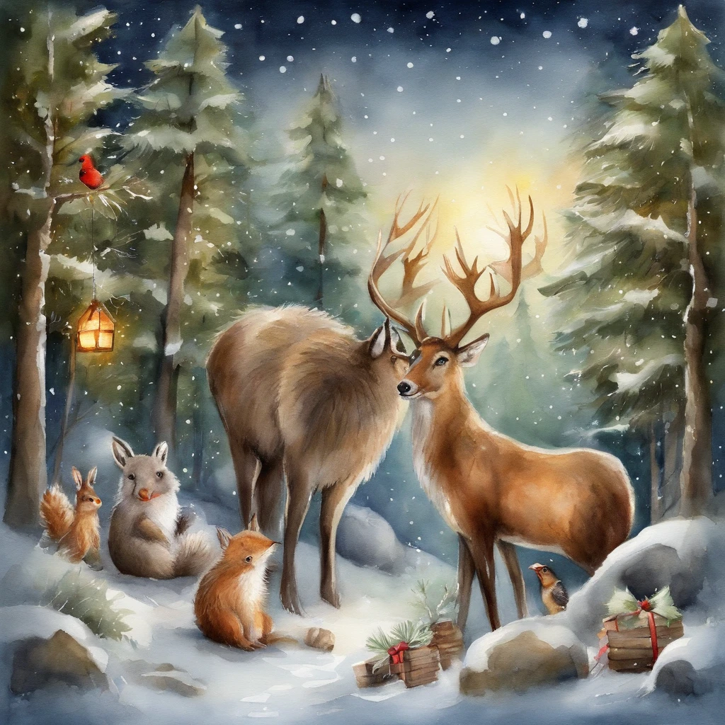 cute animals christmas , Friendly atmosphere, forest at night
