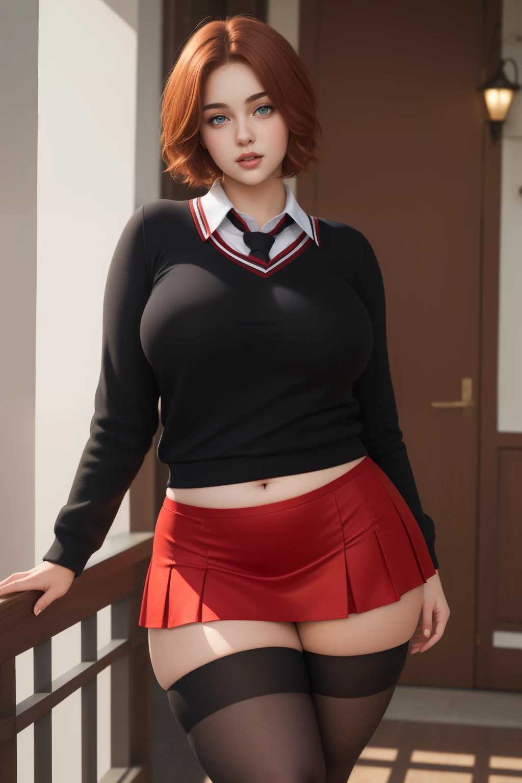 masterpiece, (photorealistic), (8k wallpaper) , (best quality), perfect quality, solo, (detailed eyes:0.9), girl, red short curvy hair, very young, face : (very young, European, very beautiful face, plump face, young). figure : (very full figure, curvy, extra thick, very thicc, navel, very soft, very thick, big breasts, sexy, sexy pose, fat thighs). clothes: (tight red lingerie, black tight miniskirt, skirt is too short, school uniform, red tights).