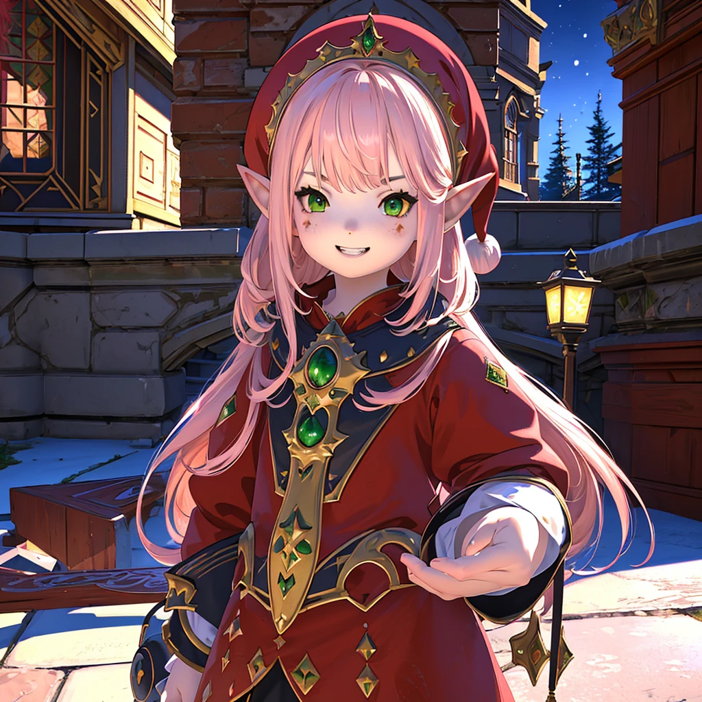 anime, (masterpiece, best quality, ultra-detailed), (detailed background, night time, outside, snow), (beautiful detailed face), 1 girl (solo, Lalafell, long hair, pink hair, santa hat, red dress, grin expression, high detail eyes, (glowing emerald green eyes):1.1)