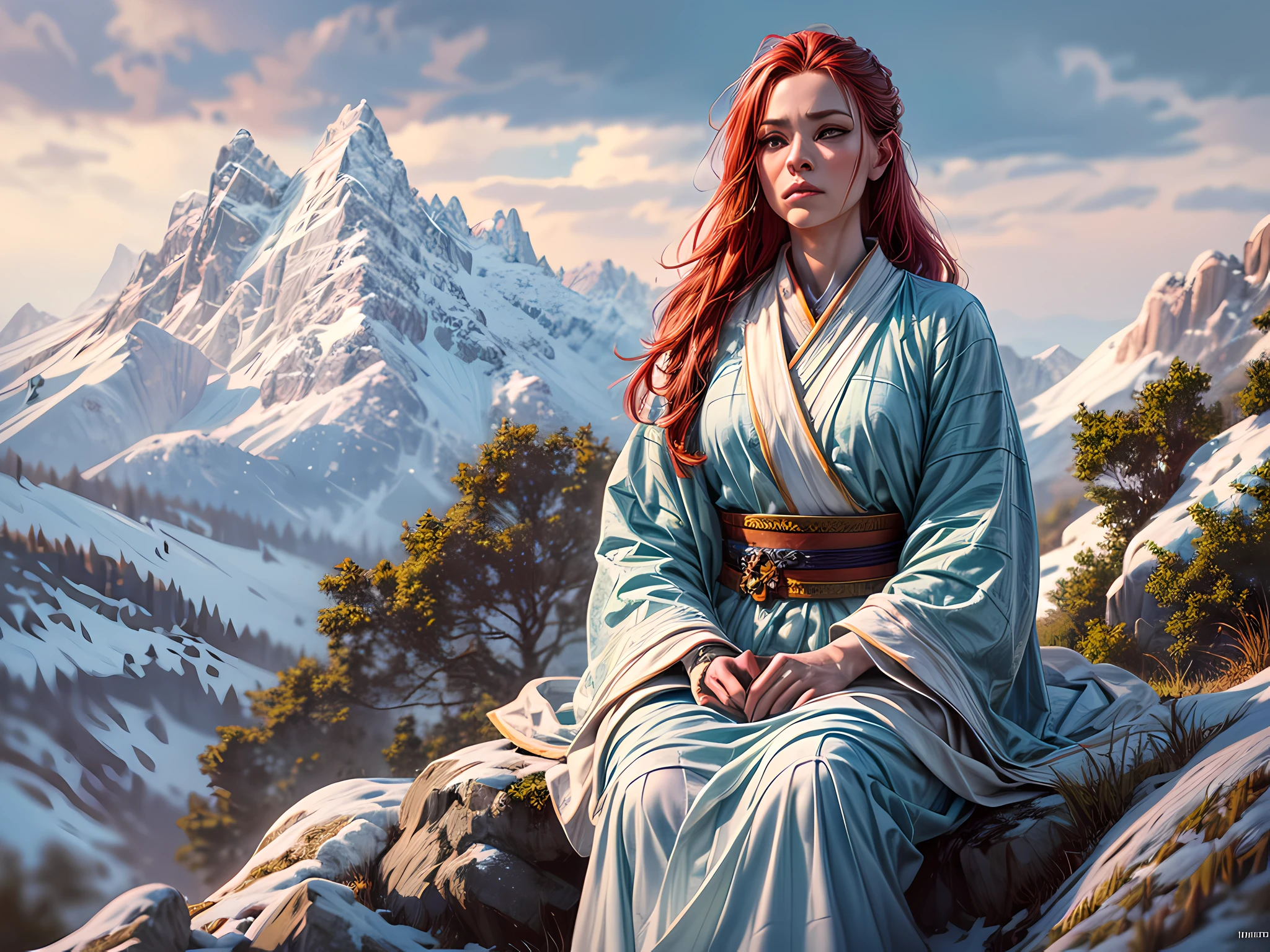 fantasy art, photorealistic, D&D art, a picture of a female monk sitting and meditating on a snowy mountain, on top of a snowy mountain there is a human woman monk wearing monk garbs, meditating near a bonfire on top of the snowy mountain, red hair, long hair, full body (best Detailed, Masterpiece, Hyperrealistic :1.5), ultra detailed face (best Detailed, Masterpiece, Hyperrealistic :1.5), ultra feminine (best detailed, Masterpiece, Hyperrealistic :1.5), Perfect Body, exquisite beautiful (best Detailed, Masterpiece, Hyperrealistic :1.5) red hair, long hair, braided hair, pale skin, blue eyes, intense eyes, ultra best realistic, best details, best quality, 16k, [ultra detailed], masterpiece, best quality, (extremely detailed), ultra wide shot, photorealism, depth of field, hyper realistic painting, zrpgstyle