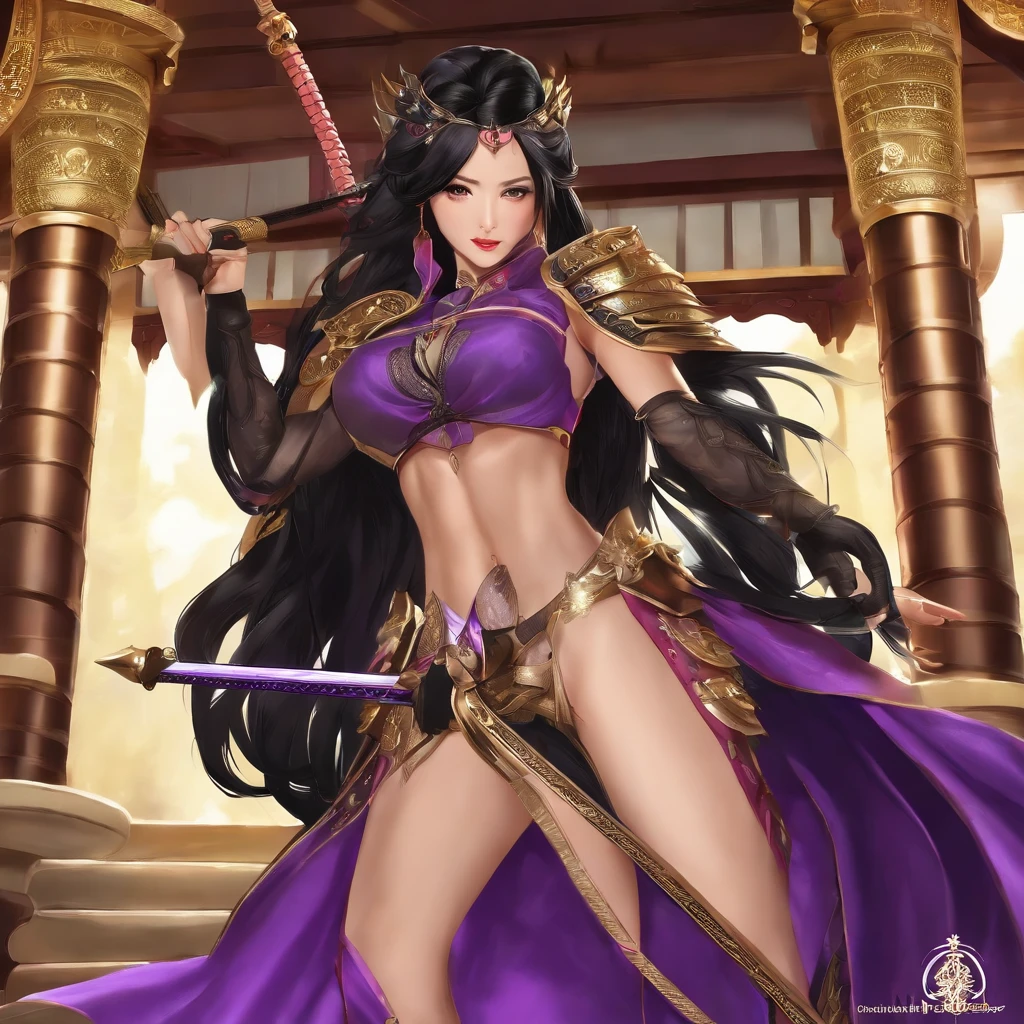 The majestic female general，Slim figure，Ripe and full，exciting huge boobs，no sagging，Tighten abs，Sexy long legs，no excess flesh，Wear purple gelcoat，A Japanese sword hangs from his waist，With a bow and arrow on his back，Wearing Japanese armor，The brilliance of motherhood almost overflows，Always with a kind expression。The princess cut off her long black hair