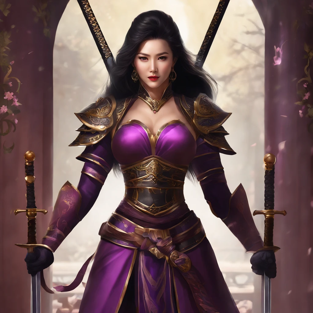 The majestic female general,Slim figure,Ripe and full,exciting huge boobs,no sagging,Tighten abs,Sexy long legs,no excess flesh,Wear purple gelcoat,A Japanese sword hangs from his waist,With a bow and arrow on his back,Wearing Japanese armor,The brilliance of motherhood almost overflows,Always with a kind expression。The princess cut off her long black hair