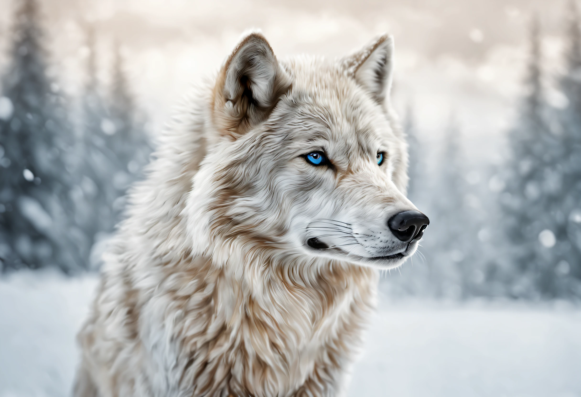 (best quality,ultra-detailed,realistic:1.37),white wolf in the snow,gorgeous winter scenery,crisp snowflakes,pristine snow-covered landscape,wolf's piercing blue eyes,strong and majestic stance,thick fur with intricate patterns,snow crystals glistening on the wolf's fur,mysterious aura surrounding the wolf,subtle shadows and highlights,impeccable attention to fur texture,dramatic lighting revealing the wolf's regal features,natural snow-covered trees in the background,vivid colors contrasting with the white snow,ethereal atmosphere,snowy mountains in the distance,subtle hints of the wolf's breath in the cold air