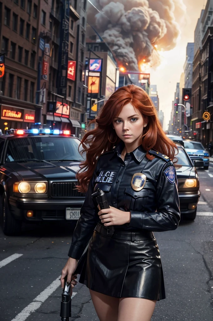 Masterpiece, Image/ Year 1975, Beautiful Red haired Female New York City Police woman, Black Leather Skirt, Blue NYPD shirt, standing in busy Street gun in hand, Long Hair blowing in the wind, Giant Tabby Cat Crushes Police Cars, Fires, explosions, in background