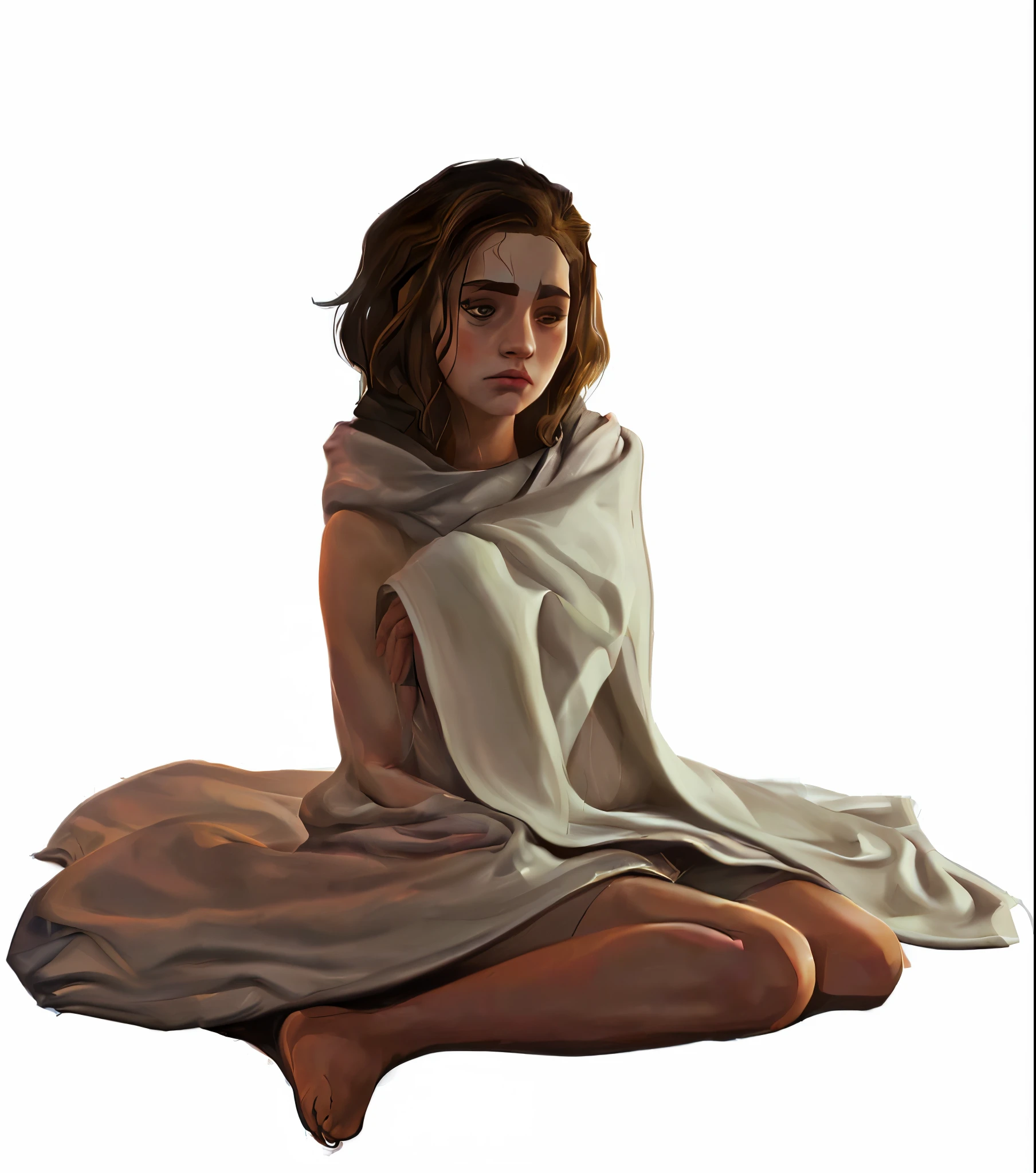 painting of a young girl sitting on the ground with a blanket over her shoulders, cloaked girl, covered with blanket, emotional concept art, digitally painted, wearing a flowing cloak, realistic cute girl painting, young girl, worried expression