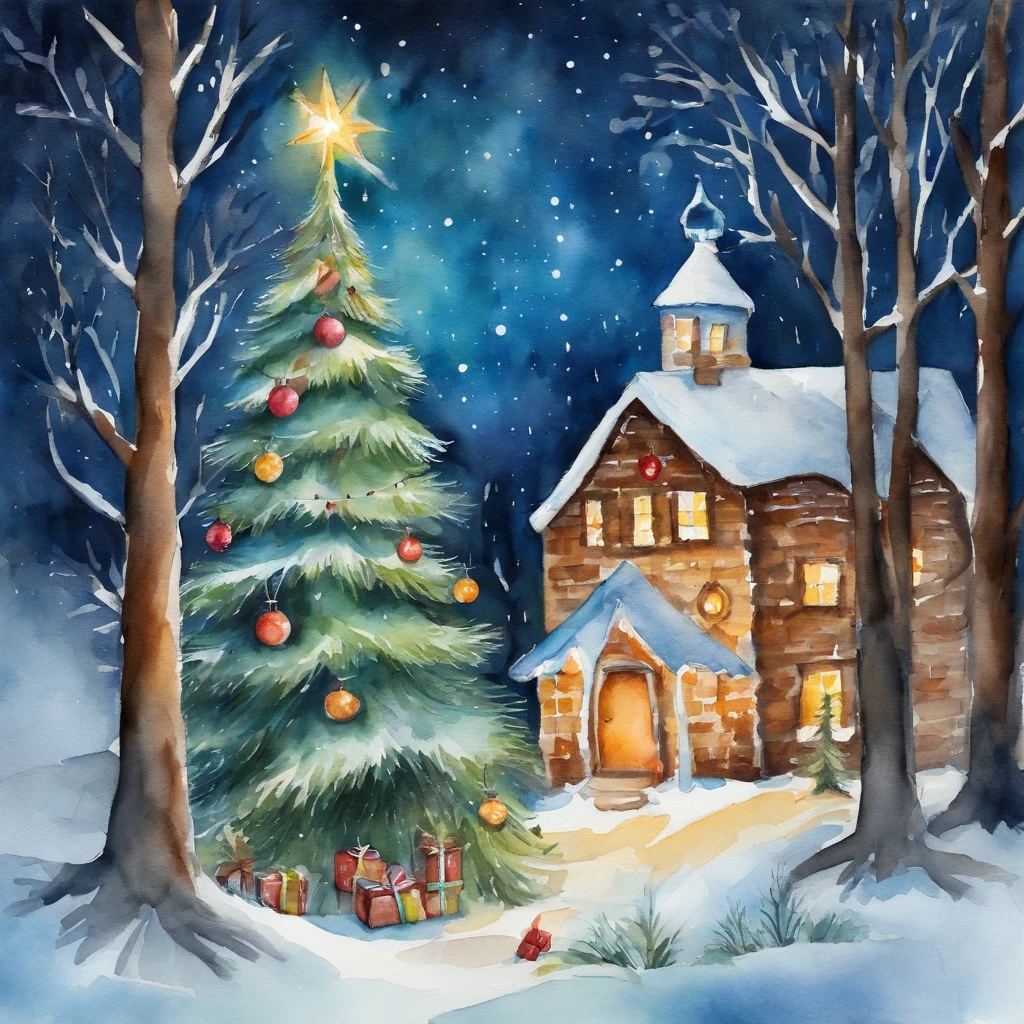 Christmas tree in the forest , cute animal christmas , Friendly atmosphere, forest at night