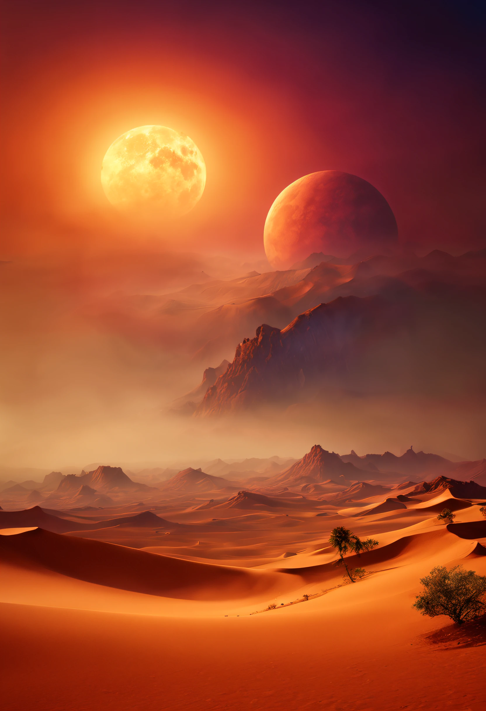 A beautifull magnificent imaginary landscape on an exotic planet with a lot of colored sunset and an extraordinary dust storm colored wind