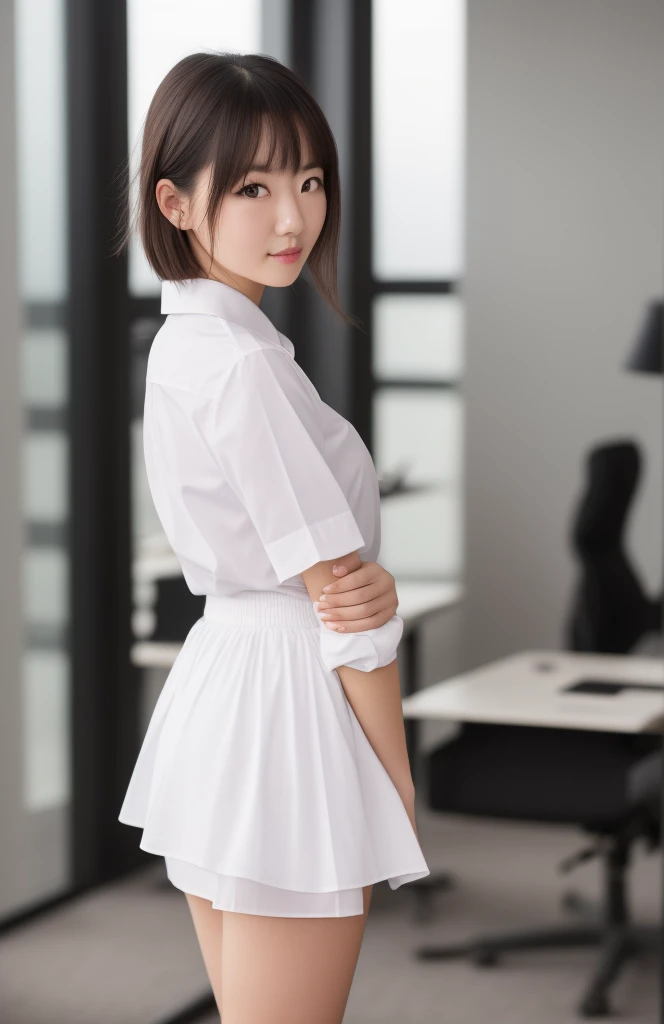 ((of the highest quality, 8K, masutepiece: 1.3, Raw photo)), Sharp Focus: 1.2, (1 AESPA Girl: 1.2), (Realistic, Photorealistic: 1.37), (Face Focus: 1.1), Cute face, Small breasts, flat chest, Short messy hair, (Long Button White Shirt, Rolling up her skirt: 1.1), Standing, From below, Office room, Cinematic lighting