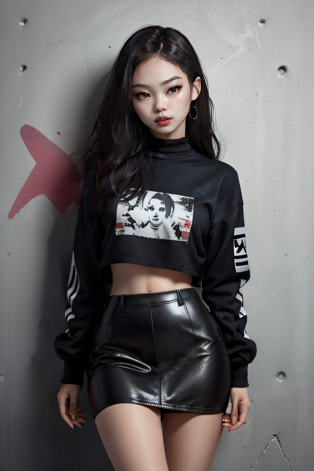 masterpiece, best quality, high quality, 1girl, solo, wearing black outfit, Jennie, looking at viewer, background dark wall with graffiti