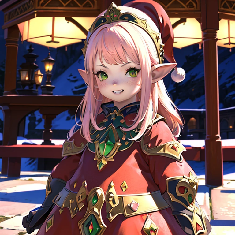 anime, (masterpiece, best quality, ultra-detailed), (detailed background, night time, outside, snow), (beautiful detailed face), 1 girl (solo, Lalafell, long hair, pink hair, santa hat, red dress, grin expression, high detail eyes, (glowing emerald green eyes):1.1)