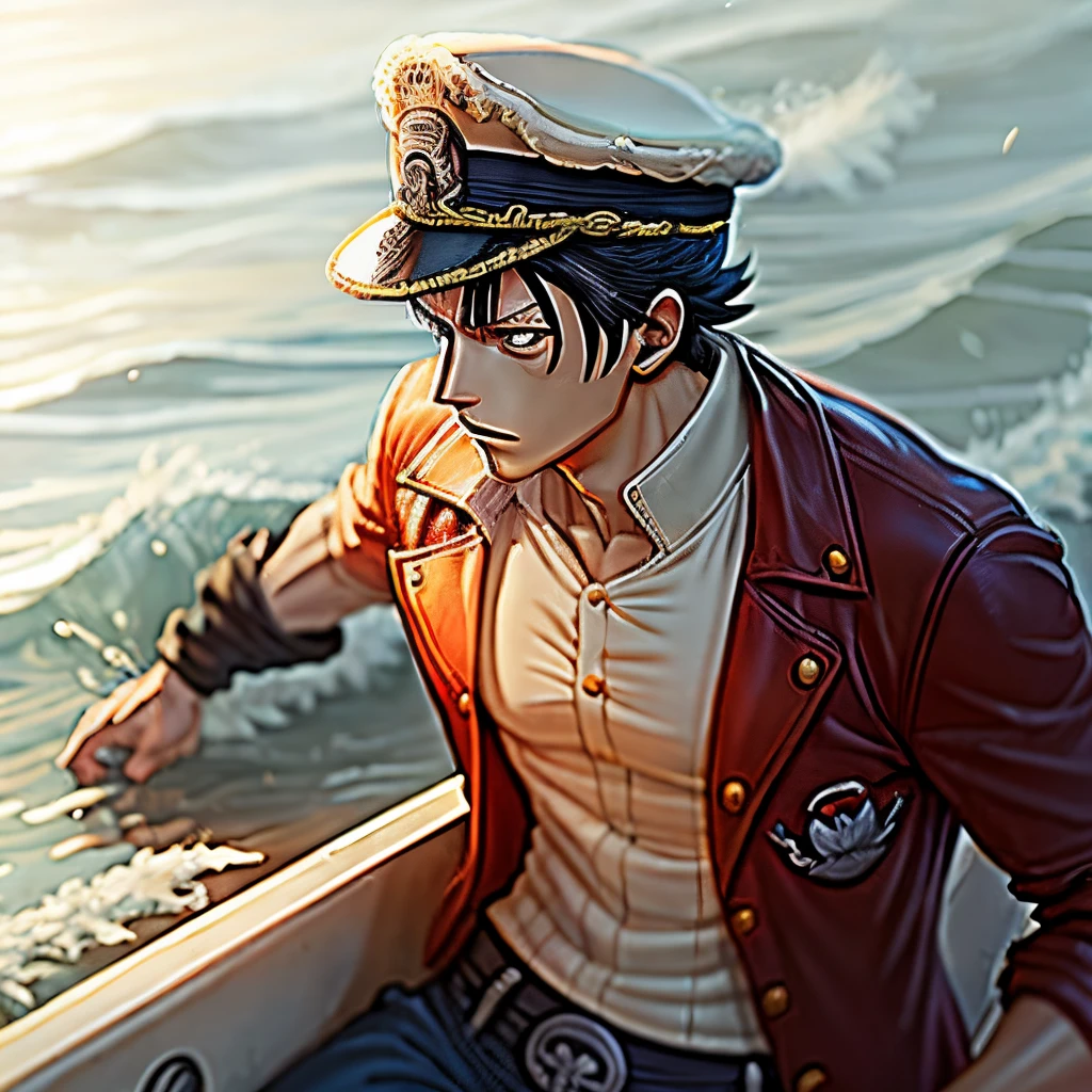 One Piece anime style, less serious. Full marine uniform
