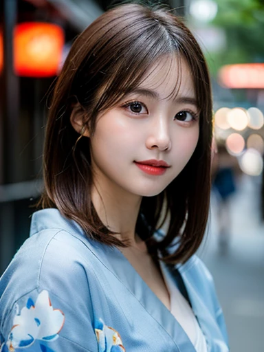 (masterpiece, best quality, photo realistic, official art:1.4), (UHD, 8K quality wallpaper, High resolution, RAW photo:1.2), (shiny skin), professional lighting, physically-based rendering, Award-winning, highly detailed skin, (extremely detailed face and eyes, clear pupils), Carl Zeiss 85 mm F/1.4, depth of field, BREAK, 1girl, solo, kawaii 24-year-old Korean girl, (Nogizaka idol:0.7), (Korean idol:0.9), (glossy brown hair, straight medium hair, forehead:1.3), rounded face, smirk, mouth closed, (wearing light blue yukata with floral patterns:1.3), collar bones, well shaped medium breasts, (looking at camera), BREAK, at a street in Shibuya, (seductive posing:1.3), cowboy shot, view from forward,