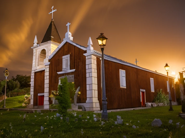 there is a white church with a clock tower and a lamppost, igreja, bispo do rosario, vista externa, monastery, vista Fora, visto de fora, rosalia vila i tobella, Arrendajo em Avila Pinewood, fora, vista frontal, vista frontal, idade, Completo - Vista, aldeia, igreja na madeira, catedral da igreja