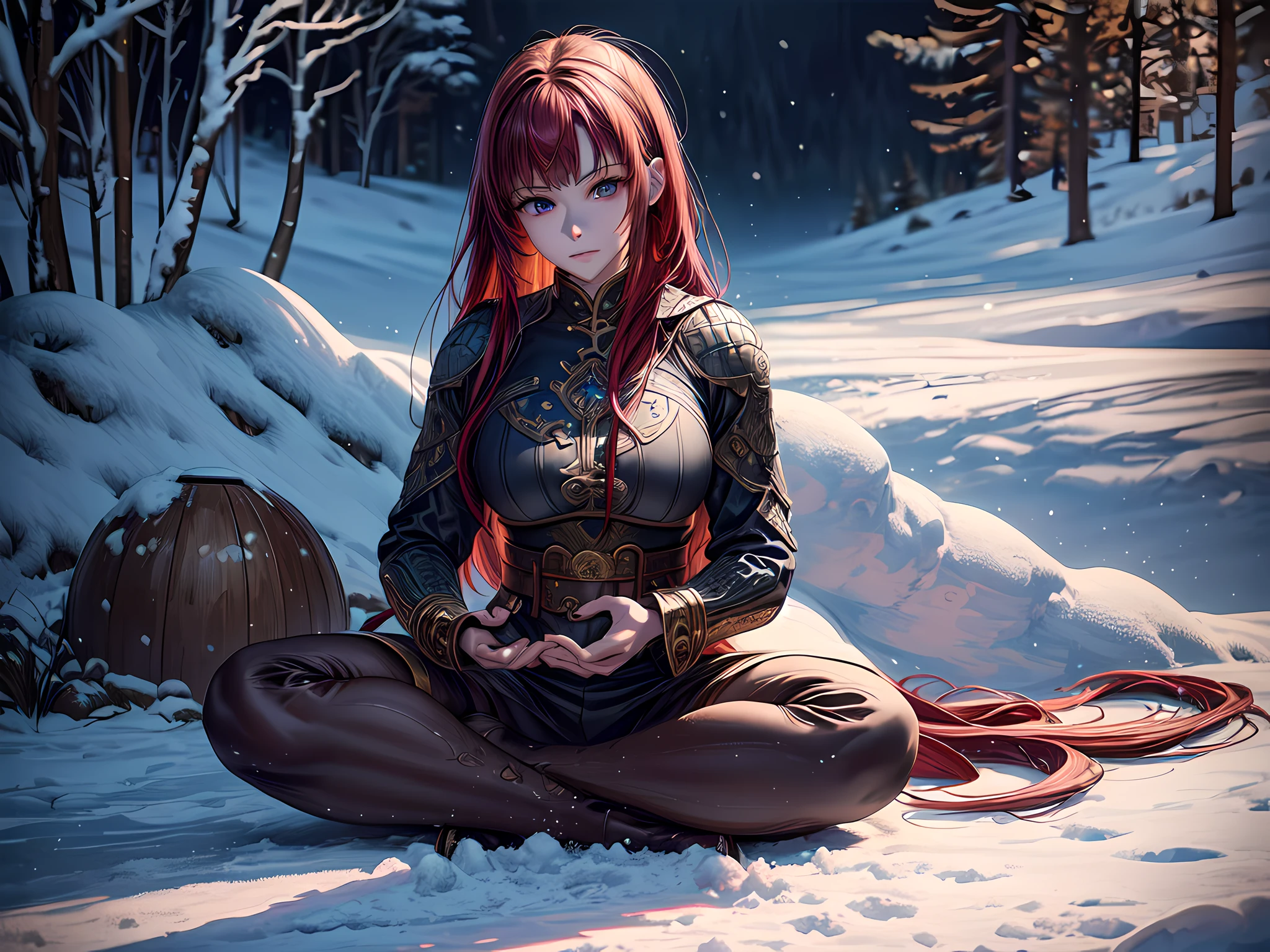 fantasy art, photorealistic, D&D art, larry elmore style, a picture of a female monk sitting cross-legged and meditating on a snowy mountain, on top of a snowy mountain there is a human woman monk wearing monk garbs, meditating near a bonfire (best details, Masterpiece, best quality :1.5) in a snowy forest (best details, Masterpiece, best quality :1.5), red hair, long hair, full body (best details, Masterpiece, best quality :1.5), ultra detailed face (best details, Masterpiece, best quality :1.5), ultra feminine (best details, Masterpiece, best quality :1.5), exquisite beautiful (best details, Masterpiece, best quality :1.5) red hair, long hair, braided hair, pale skin, blue eyes, intense eyes, ultra best realistic, best details, best quality, 16k, [ultra detailed], masterpiece, best quality, (extremely detailed), ultra wide shot, photorealism, depth of field, hyper realistic painting, 3D rendering