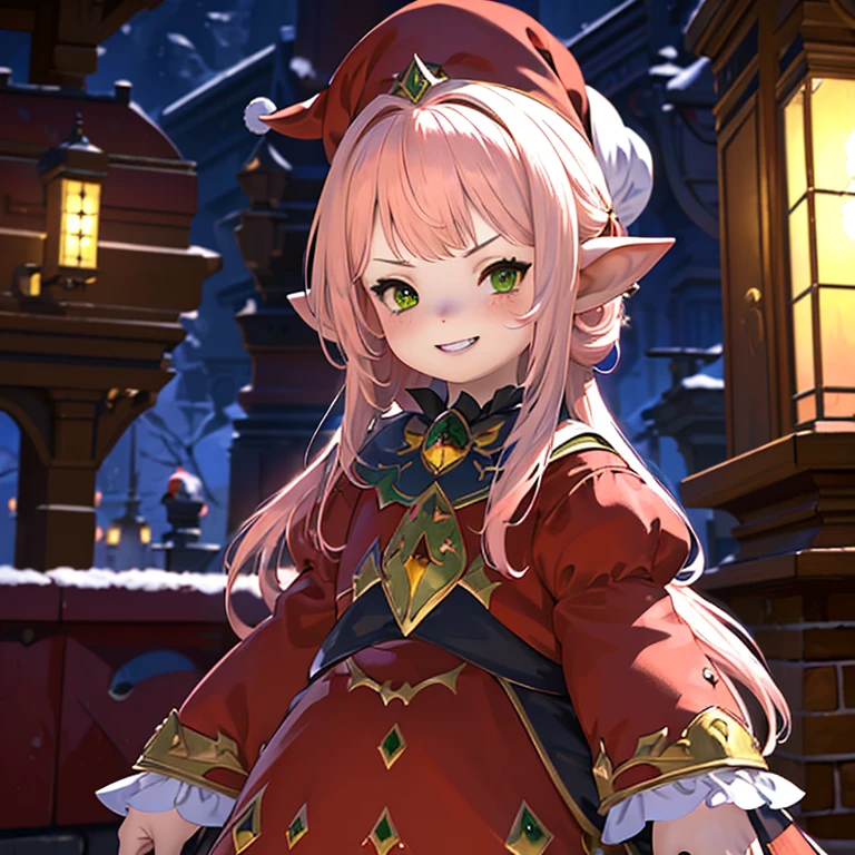 anime, (masterpiece, best quality, ultra-detailed), (detailed background, night time, outside, snow), (beautiful detailed face), 1 girl (solo, Lalafell, long hair, pink hair, santa hat, red dress, grin expression, high detail eyes, (glowing emerald green eyes):1.1)