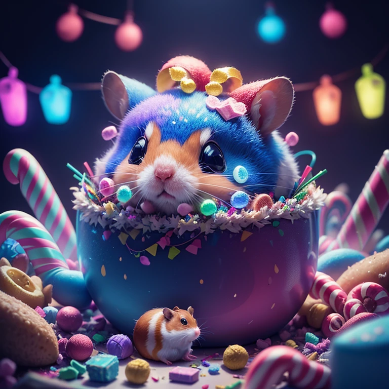 a close up of a hamster in a pile of candy and candy canes, cute colorful adorable, adorable digital painting, cute detailed digital art, hyper colorful, neon coloring, cute digital art, photo of a hamster, beeple colors, colorful hd picure, beeple and jeremiah ketner, glowing lights! digital painting, hamster, cute 3 d render