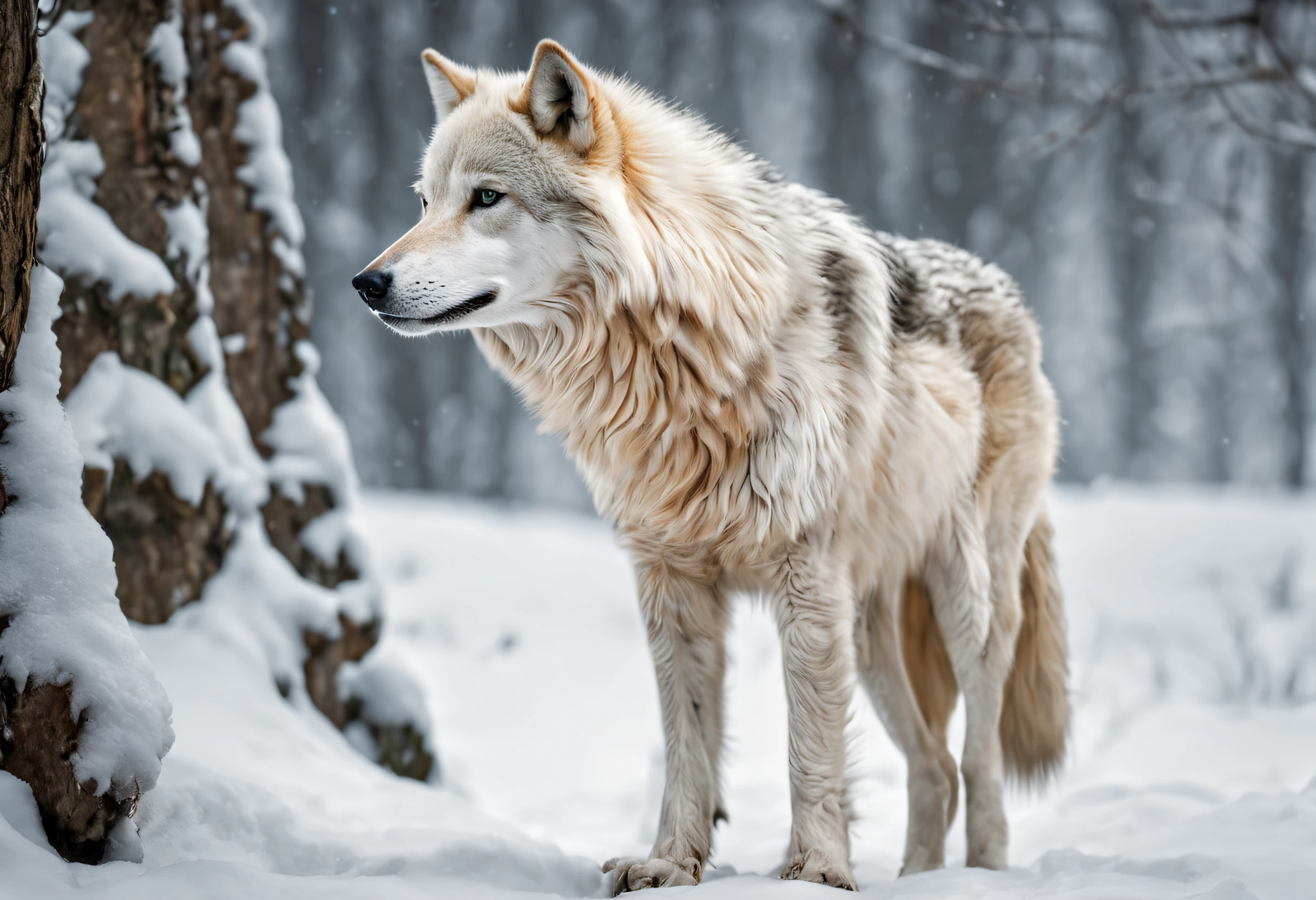 (best quality,ultra-detailed,realistic:1.37),white wolf in the snow,gorgeous winter scenery,crisp snowflakes,pristine snow-covered landscape,wolf's piercing blue eyes,strong and majestic stance,thick fur with intricate patterns,snow crystals glistening on the wolf's fur,mysterious aura surrounding the wolf,subtle shadows and highlights,impeccable attention to fur texture,dramatic lighting revealing the wolf's regal features,natural snow-covered trees in the background,vivid colors contrasting with the white snow,ethereal atmosphere,snowy mountains in the distance,subtle hints of the wolf's breath in the cold air