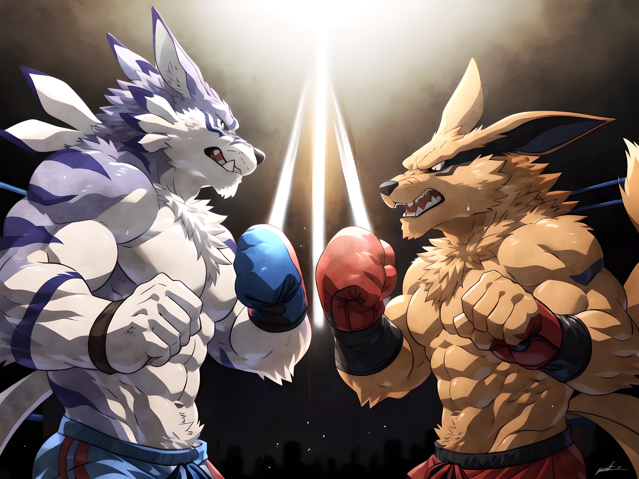 (ultra quality):1.4, 4k resolution, color, smooth comics style, (takemoto_arashi style, wfa style:1.1), two characters, kurama and weregarurumon boxing, muscles:1, massive build, vascular veins, anime martial arts, sweat, strong:1 masculine, boxing ring, fighting:1 scene, (body blow):1.4 punching, throwing blows, dynamic:1 scene, detailed, detailed fists, fighting gloves