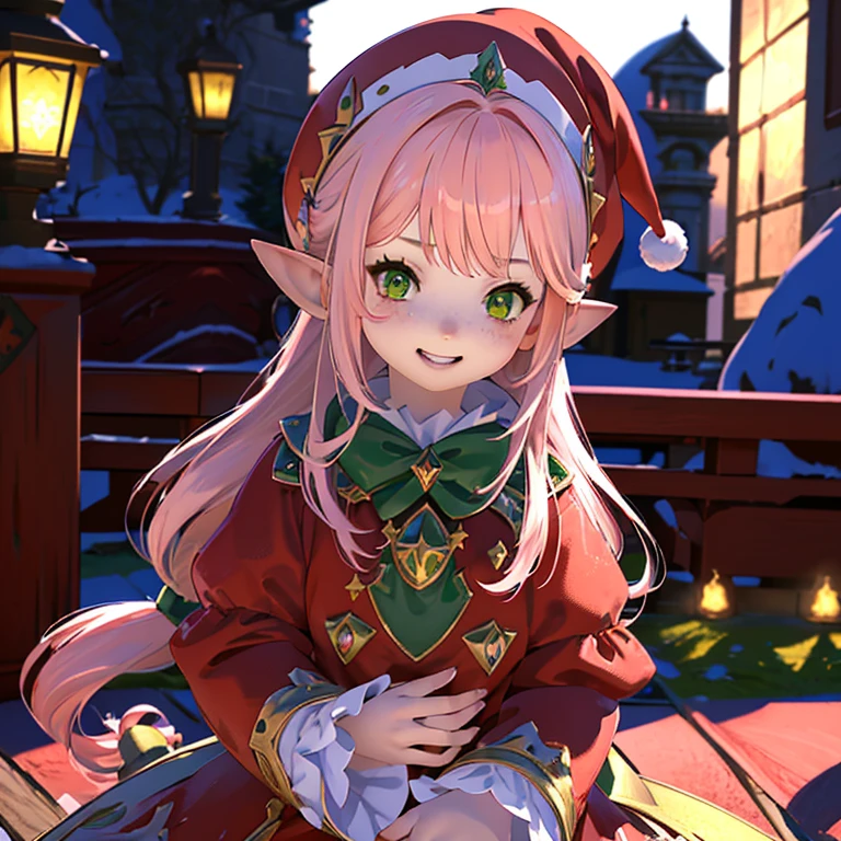 anime, (masterpiece, best quality, ultra-detailed), (detailed background, night time, outside, snow), (beautiful detailed face), 1 girl (solo, Lalafell, long hair, pink hair, santa hat, red dress, grin expression, high detail eyes, (glowing emerald green eyes):1.1)