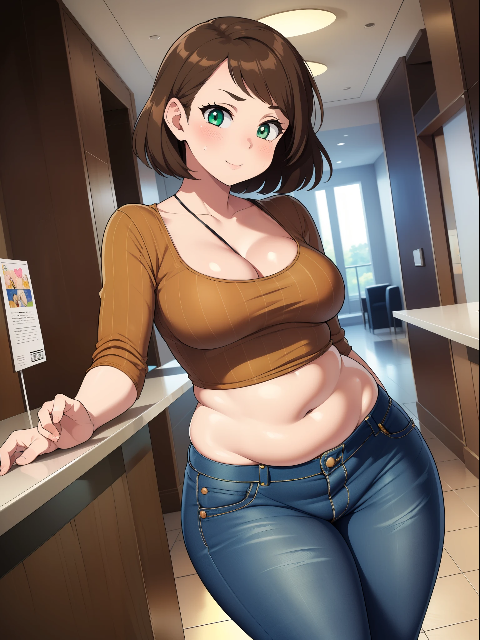 ((highres)), Masterpiece, high quality, best quality, beautiful, perfect lighting, detailed face, ultra cute face, cowboy shot ((1girl)), ((solo)), blush, short brown hair, fluffy hair, green eyes, crop top, jeans, hotel lobby, ((small breasts)), perky breasts, cleavage, ((wide hips)), (((thick thighs))), massive thighs, bottom heavy, (chubby), fat rolls, belly hang,