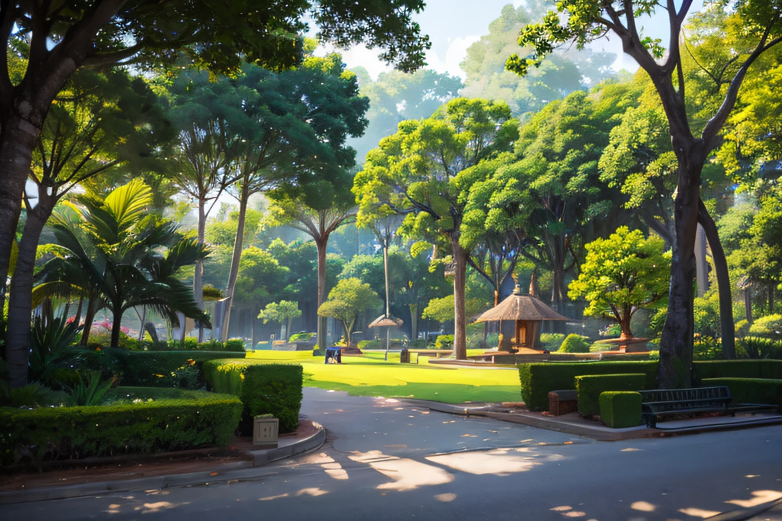 Um parque cercado por uma floresta tropical. With many tropical birds.