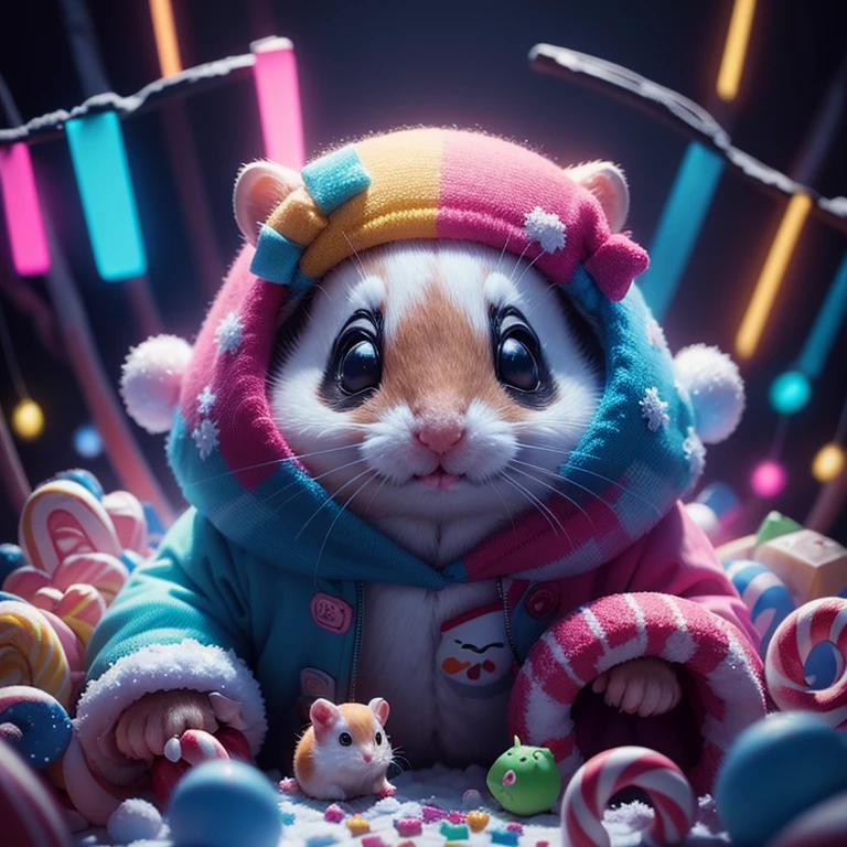 Snow. a close up of a hamster in a pile of candy and candy canes, cute colorful adorable, adorable digital painting, cute detailed digital art, hyper colorful, neon coloring, cute digital art, photo of a hamster, beeple colors, colorful hd picure, beeple and jeremiah ketner, glowing lights! digital painting, hamster, cute 3 d render