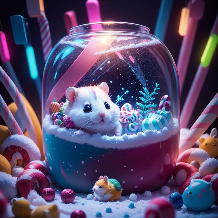 Snow. a close up of a hamster in a pile of candy and candy canes, cute colorful adorable, adorable digital painting, cute detailed digital art, hyper colorful, neon coloring, cute digital art, photo of a hamster, beeple colors, colorful hd picure, beeple and jeremiah ketner, glowing lights! digital painting, hamster, cute 3 d render