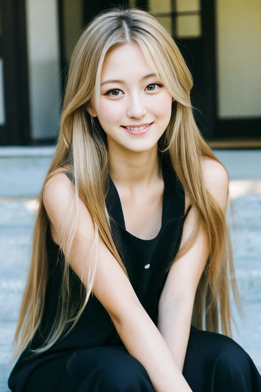 long black dress, long blond hair, Japanese face