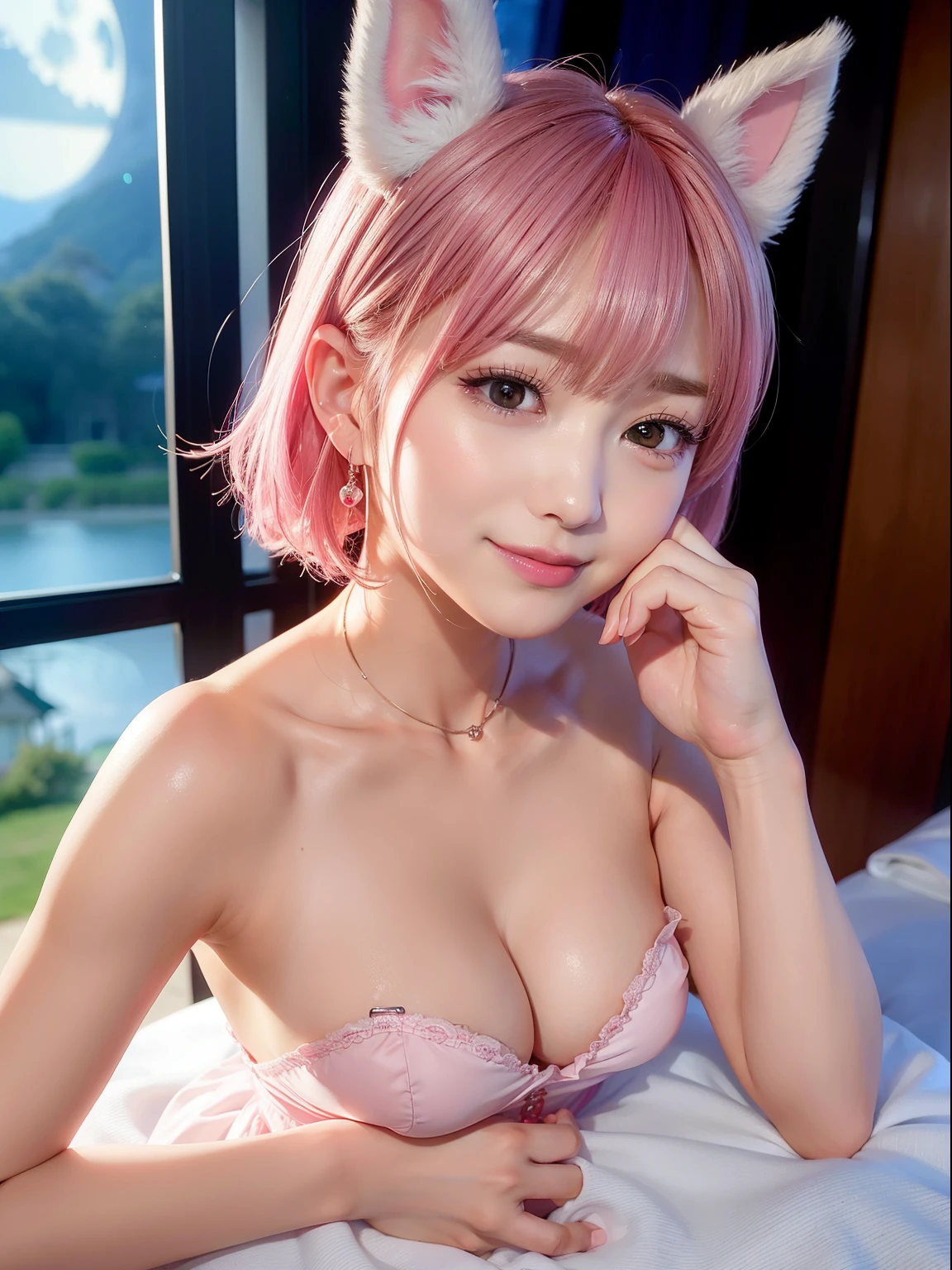 low angles、taken from the under、blanche、Night Hotel、guest room at night、Exposed shoulders、Roomwear、You can see cleavage、Nipple、Morning in the city、fullnude、Pink short cut hair、fullnude(8K, top-quality, masterpiece:1.2), (realisitic, Photorealsitic:1.37)、cute little、独奏、(a smile:1.15)、(Laugh with your mouth wide open)、tiny chest、(short-hair:1.2)、masuter piece、Pink Shortcut Bob、Realistic rabbit ears、Pink realistic rabbit ears、Realistic ears of rabbits sticking out of the head、Pink hair、Beautiful girl in her 20s、Bewitching atmosphere、Beautiful shaped hands、K-POP、Pink rabbit ears、1 girl in、独奏、masterpiece、top-quality、realisitic、Hyper-detailing、absurderes、short pink hair、Slender beauties、动态照明、hight resolution、foco nítido、depth of fields、(thick thight:1.0)、A slender :1.2,((Short-cut bob hair))、((k pop:1.3)),Highly detailed facial and skin texture、((魅惑的)),Anatomically correct number of fingers,Correct anatomy