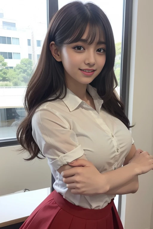 foto real、fotorrealista　Un cabello oscuro、cabello lacio、Cabello corto、pelo muy corto　con cara redonda、ojos babeantes、Laugh so hard you can&#39;t see it、Open your mouth and laugh out loud、Ojos estrechos、sin maquillaje、Suppin　School girl from school、Sixteen、cuerpo flaco、cuerpo musculoso、muslos blandos、pechos grandes y llenos、vaginal、、Genitales femeninos、Japoneses、cuerpo completo Esbian、Cuerpo muy flexible　uniforme escolar、Camisa blanca mojada、sin sujetador, sin ropa interior, red ribbon、square pattern skirt、falda muy corta、Todo el cuerpo se moja de sudor　Posa con las piernas abiertas、Taking rhythmic gymnastics poses、Postura de pie de una pierna、Crotch that opens more than 300 degrees、Muestra tu entrepierna、entrepierna expuesta、muy sonriente　Antecedentes con、Aula、ventana、pizarra