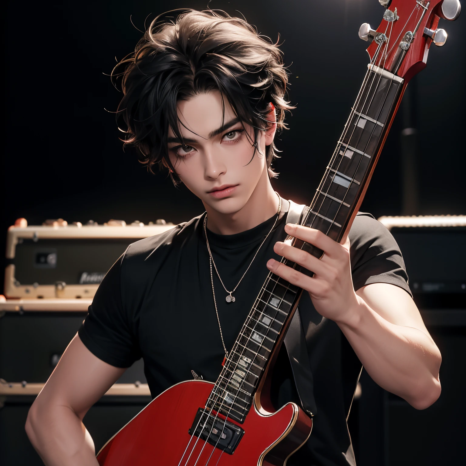 Chico pelinegro tocando el bajo y cantando en un concierto. Ropa punk (rojo y negro) ojos grises, cabello corto con rulos, chico guapo uzzang en un concierto de rock, foto hiperrealista, masculino, cabello muy corto, arafed 17 years old princely androgynous