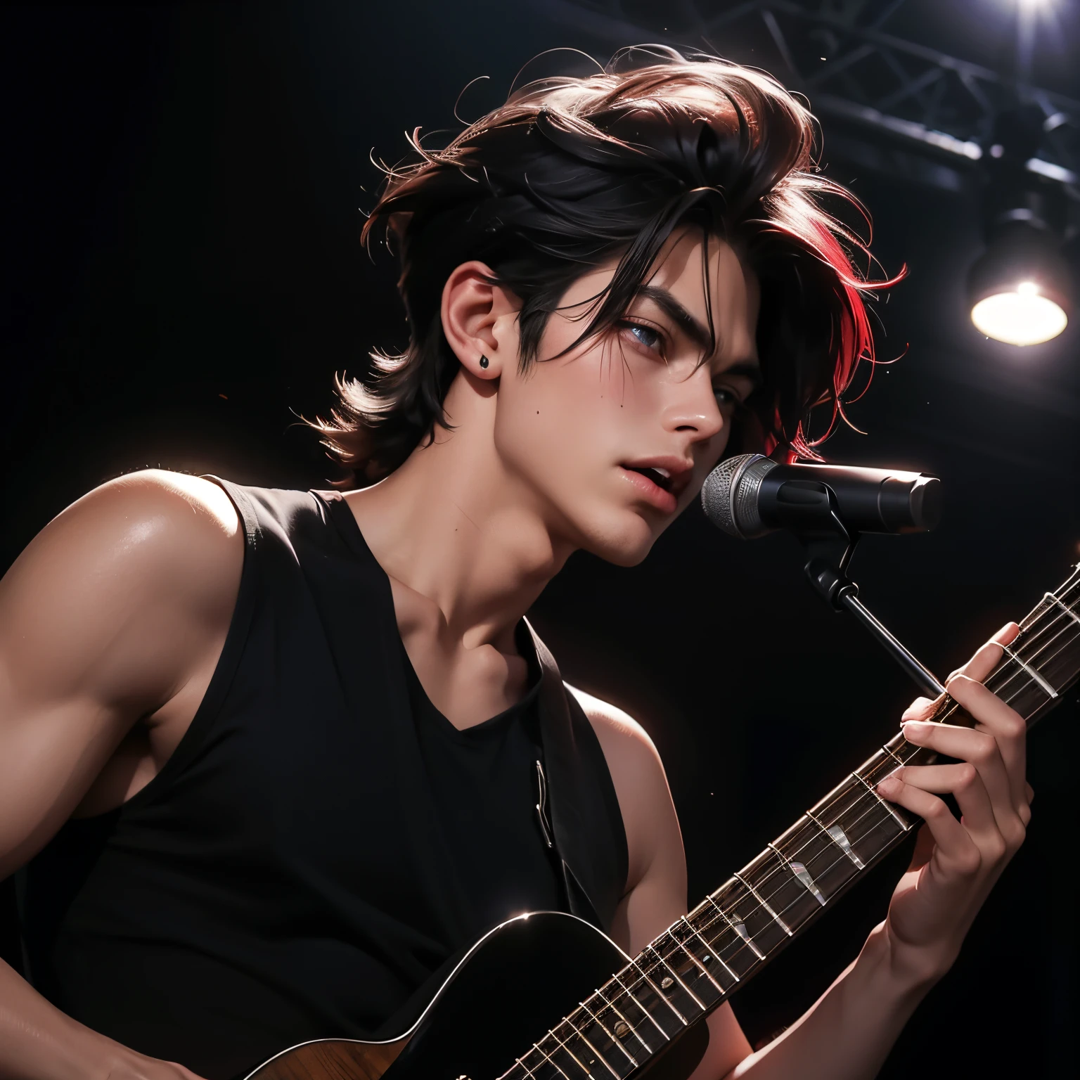 Chico pelinegro tocando el bajo y cantando en un concierto. Ropa punk (rojo y negro) ojos grises, cabello corto con rulos, chico guapo uzzang en un concierto de rock, foto hiperrealista, masculino, cabello muy corto, arafed 17 years old princely androgynous