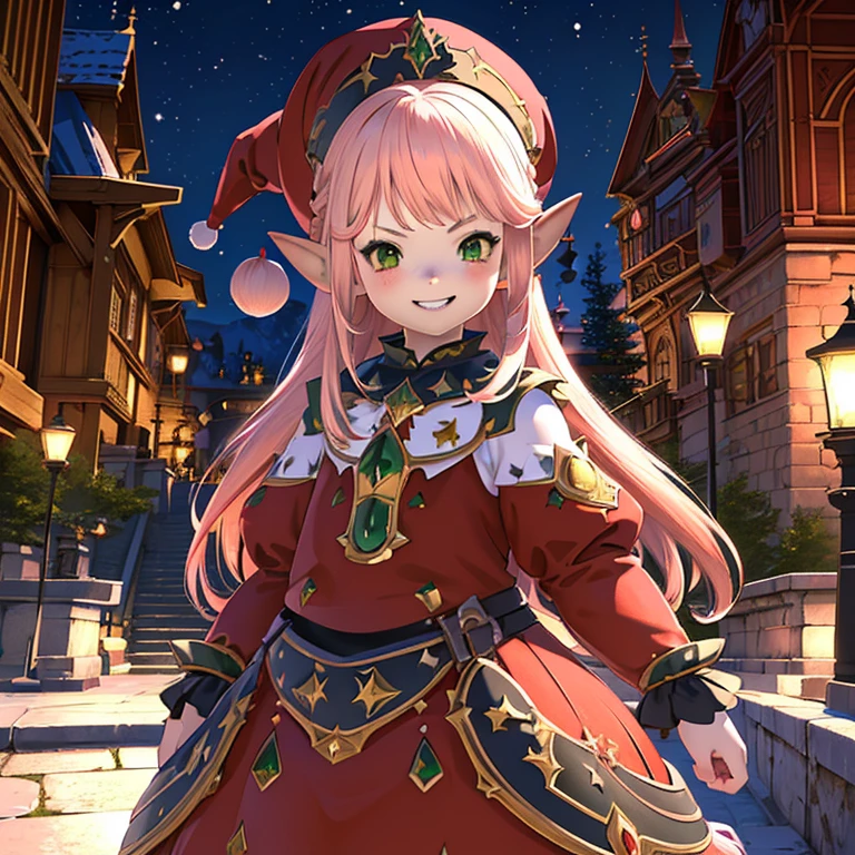 anime, (masterpiece, best quality, ultra-detailed), (detailed background, night time, outside, snow), (beautiful detailed face), 1 girl (solo, Lalafell, long hair, pink hair, santa hat, red dress, grin expression, high detail eyes, (glowing emerald green eyes):1.1)