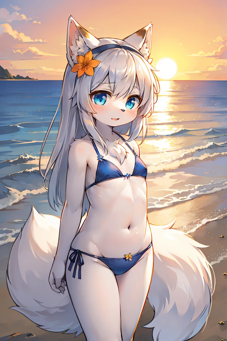 woman, solo, kemono, furry, detailed fur, beach, Silver wolf, Silver fluffy tail, big tail, silver medium ears, fluffy body, (flat chest), (Loli), (young), Sun horizon, orange sky light, blue eyes, blue bikini, flower in hair, standing