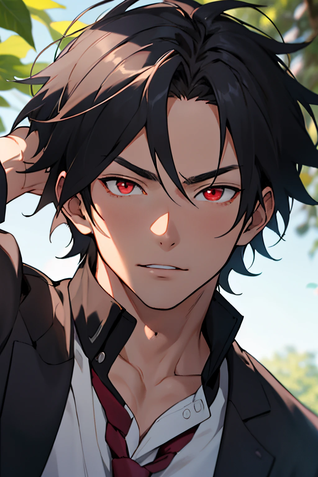 Anime guy with black hair and red eyes in a suit - SeaArt AI