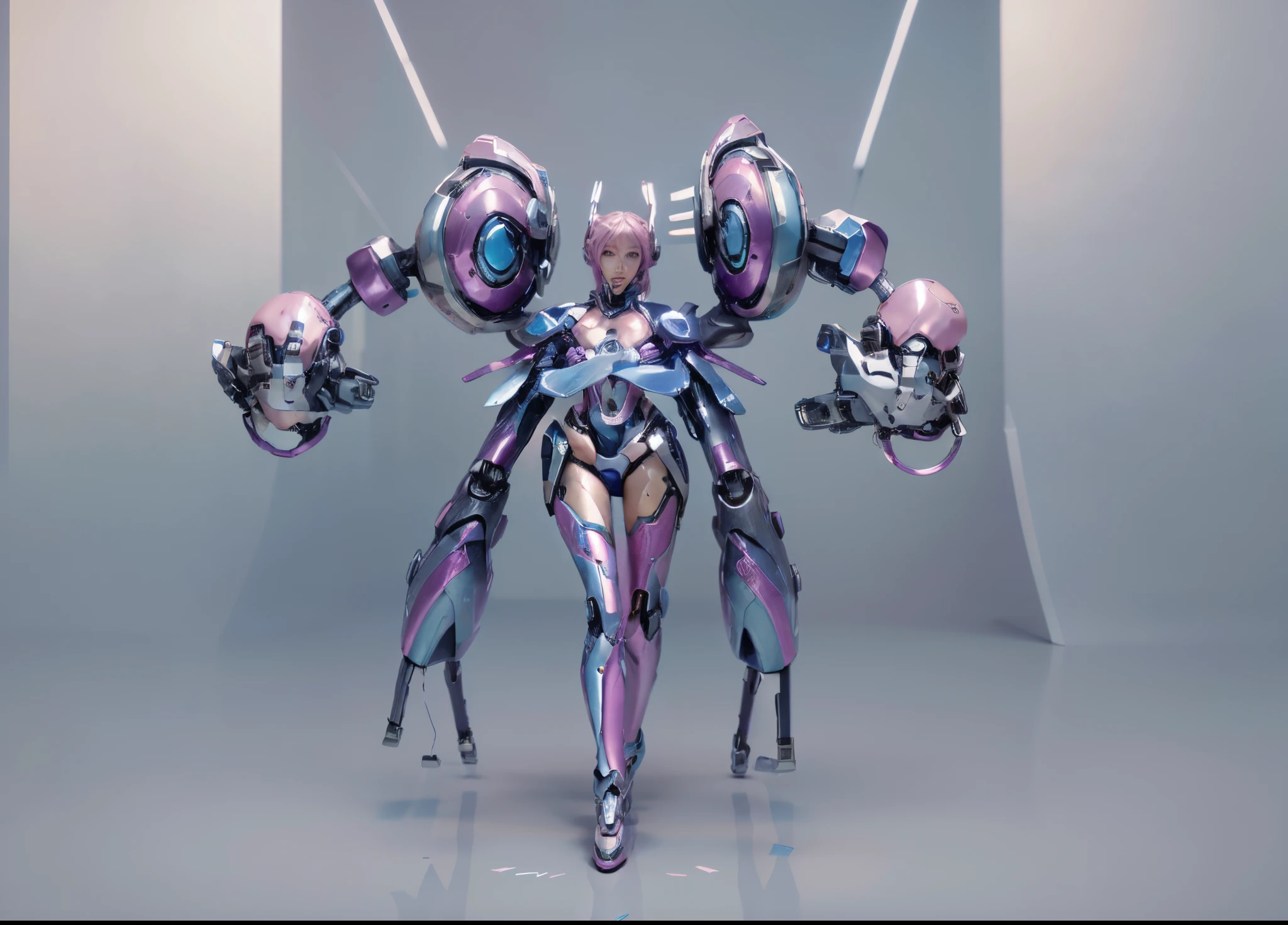 a close up of a robot with a pink body and a blue head, 3 d render character art 8 k, cyborg goddess in cosmos, anime robotic mixed with organic, 3 d render stylized, girl in mecha cyber armor, simple futurist cyborg empress, female mecha, an image of a beautiful cyborg, beautiful robot character design, 4 k octan render