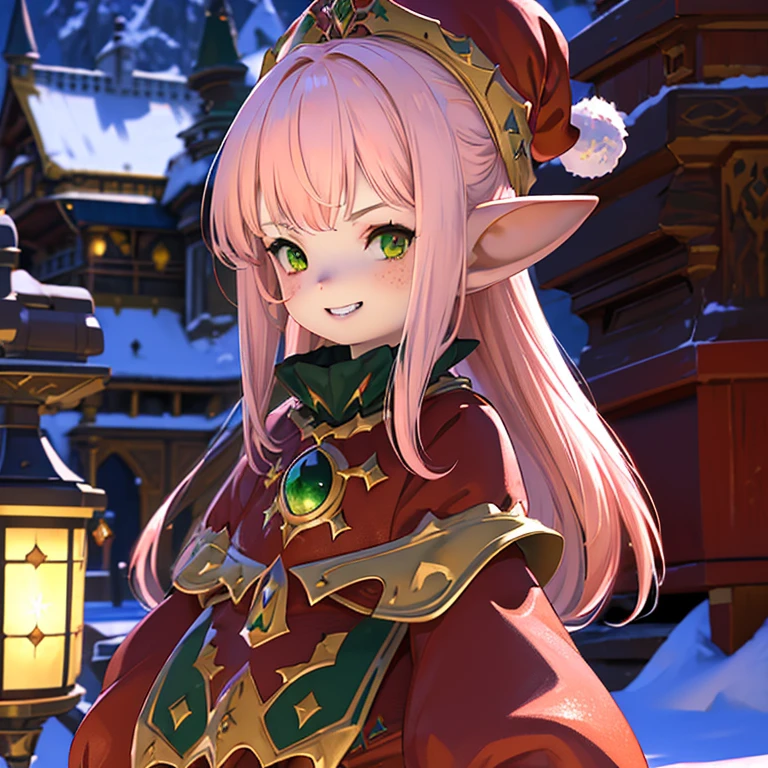 anime, (masterpiece, best quality, ultra-detailed), (detailed background, night time, outside, snow), (beautiful detailed face), 1 girl (solo, Lalafell, long hair, pink hair, santa hat, red dress, grin expression, high detail eyes, (glowing emerald green eyes):1.1)