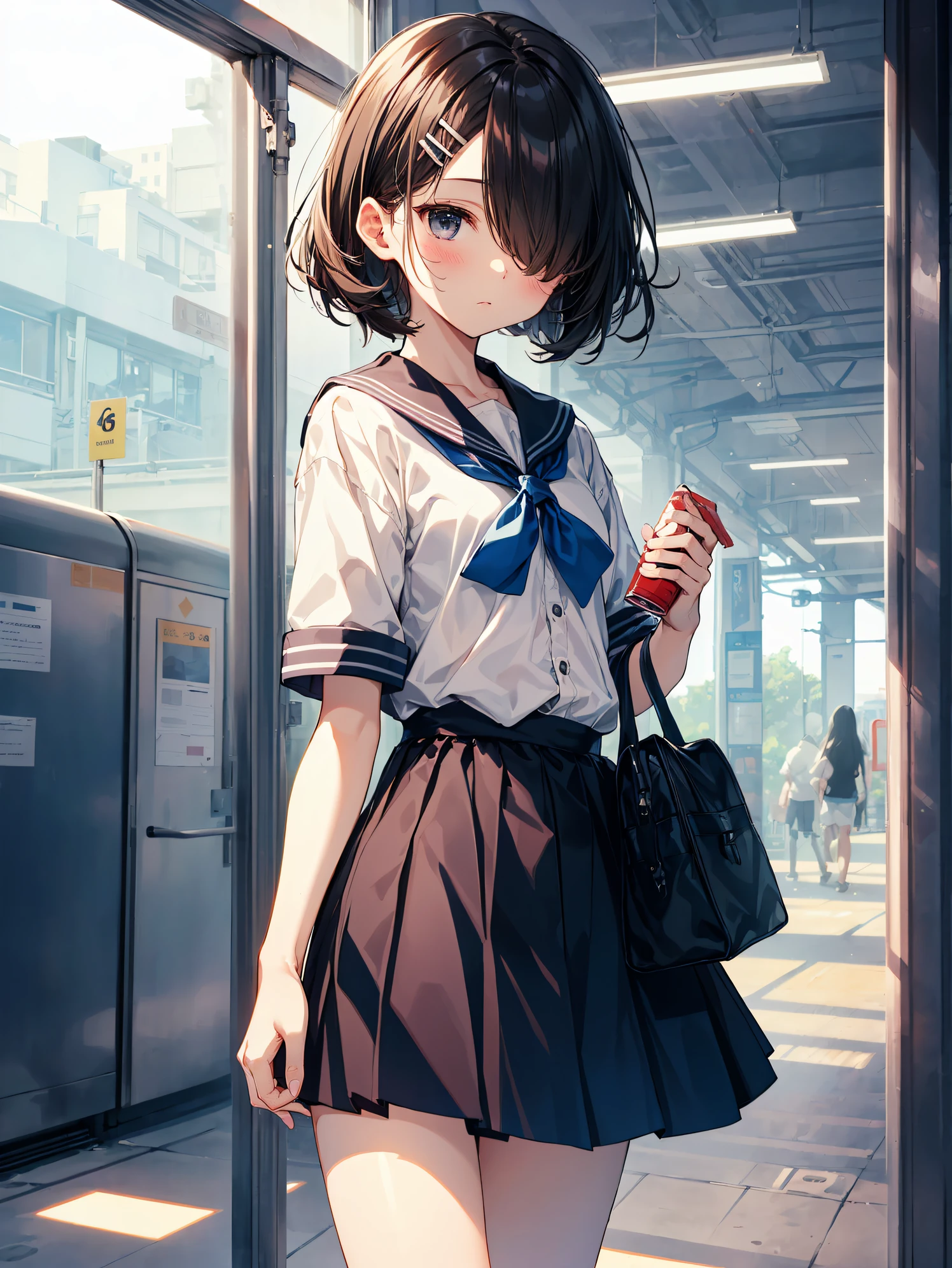 top-quality, anime moe art style,Best Anime 8K Konachan Wallpapers,Pixiv Contest Winner,Perfect Anatomy, (Draw a girl sleepily walking to school. ),BREAK, 1girl in, (Solo,Lori,child,15yo student:1.3),High school students, Short hair, Forehead, (Hair over one eye:1.4),Full limbs, complete fingers,medium breasts, groin, Small eyes,Precise black eyes, hair clips, Sailor Uniform, Skirt,Summer route to school. BREAK,Ultra-detailed,High resolution,super detailed skin, Professional Lighting,8k eye details, (Cute illustration:1.2),