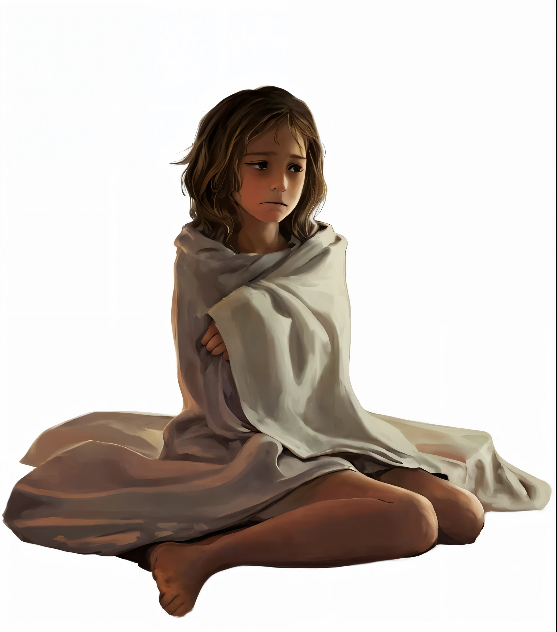 painting of a  girl sitting on the ground with a blanket over her shoulders, cloaked girl, covered with blanket, emotional concept art, digitally painted, wearing a flowing cloak, young girl, child, 10 years oldied expression