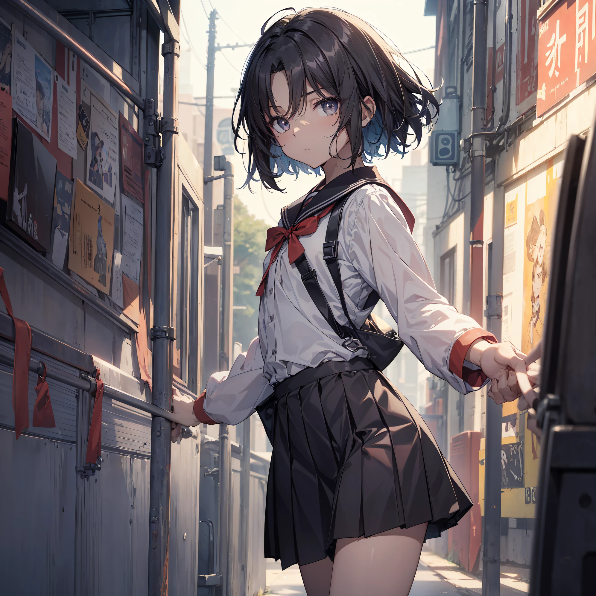 of the highest quality, anime moe art style,Best Anime 8K Konachan Wallpapers,Pixiv Contest Winner,Badass Anime 8K,Perfect Anatomy, (Draw a girl sleepily walking to school. ),BREAK, 1girl in, (Solo,Lori,child,13years:1.3),a junior high school student, Androgynous attraction, (Very short hair),hair messy, Full limbs, complete fingers,flat chest, Small butt, groin, Small eyes,Precise black eyes,disgusted eye, School uniform, Skirt,On the way to school. BREAK,Ultra-detailed,High resolution,super detailed skin, Professional Lighting, (cool illustration:1.2),