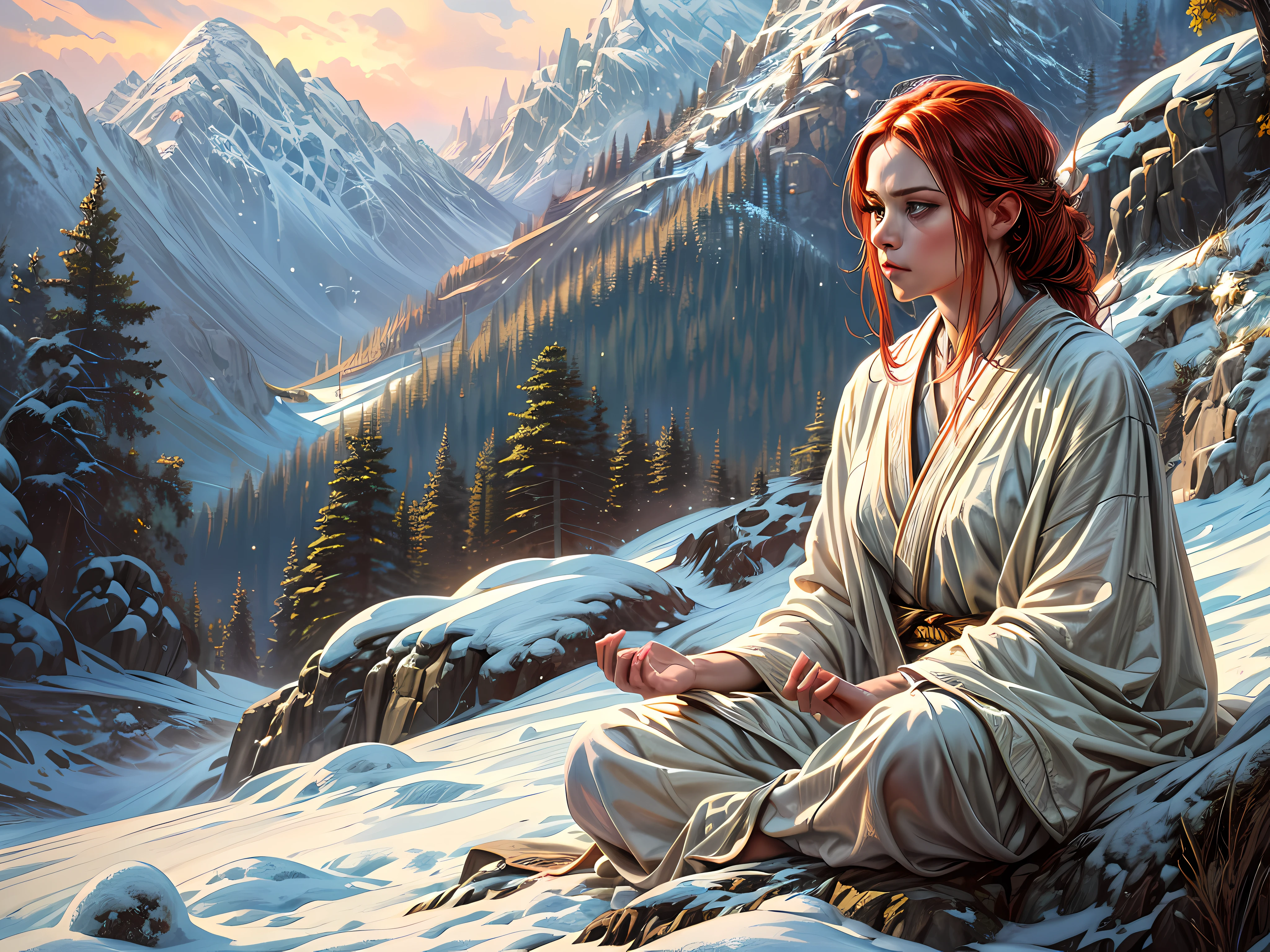 arte de fantasia, fotorrealista, d&d arte, Estilo Larry Elmore, Magv1ll, uma foto de uma monge sentada de pernas cruzadas e meditando em uma montanha nevada, on top of a snowy mountain there is a human monk wearing monk&#39;s robes, meditando perto de uma fogueira (melhores detalhes, master part, best quality :1.5) em uma floresta nevada (melhores detalhes, master part, best quality :1.5), red hair, cabelos longos, corpo inteiro (melhores detalhes, master part, best quality :1.5), Face Ultra detalhada (melhores detalhes, master part, best quality :1.5), ultra feminino (melhores detalhes, master part, best quality :1.5), requintado bonito (melhores detalhes, master part, best quality :1.5) red hair, cabelos longos, braided hair, pale skin, olhos azuis, olhos intensos, ultra melhor realista, melhores detalhes, best quality, 16k, [ultra detalhado], master part, best quality, (extremamente detalhado), tiro ultra largo, fotorrealismo, profundidade de campo, pintura hiper realista, 3D rendering